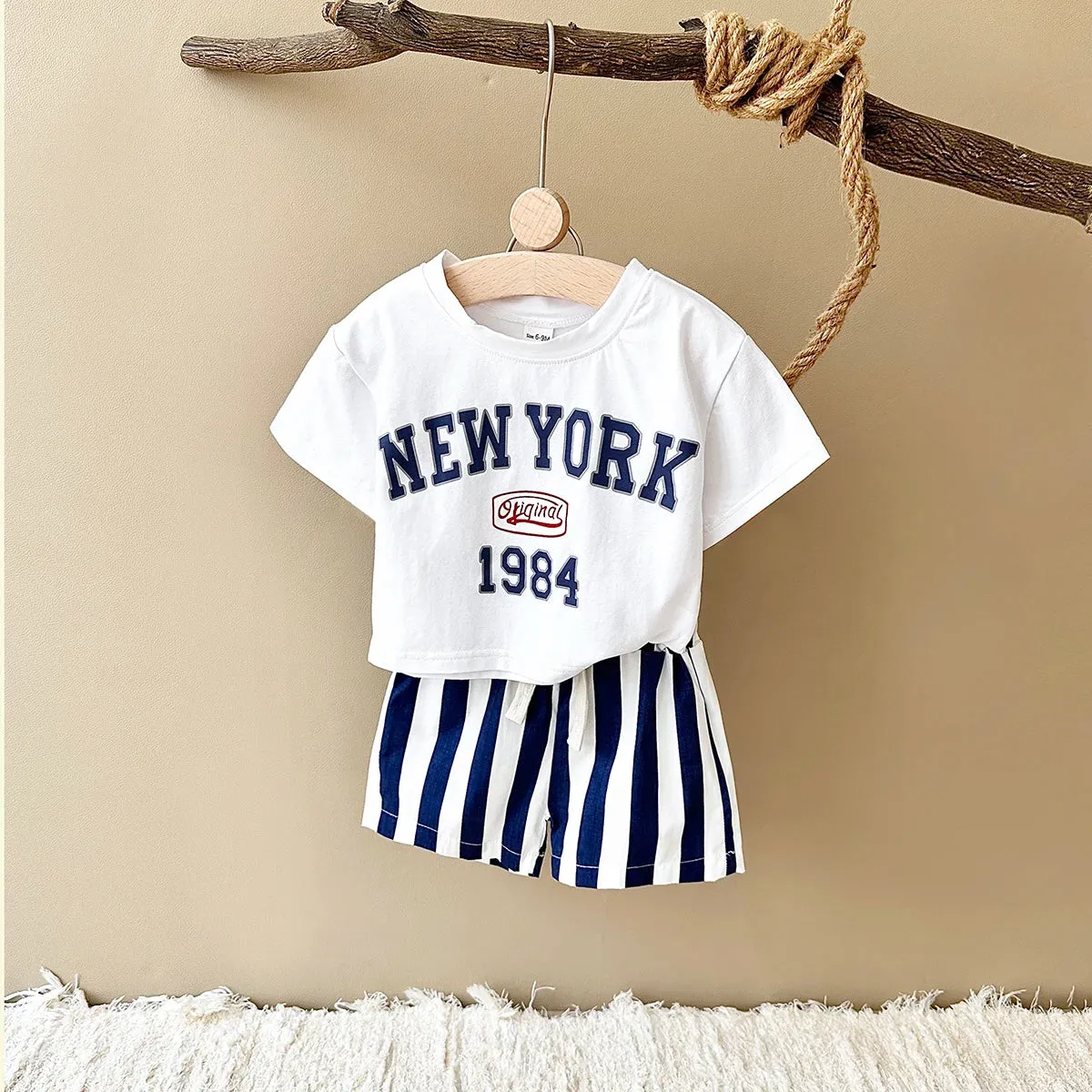 'NEW YORK' Casual Tee & Striped Shorts Set