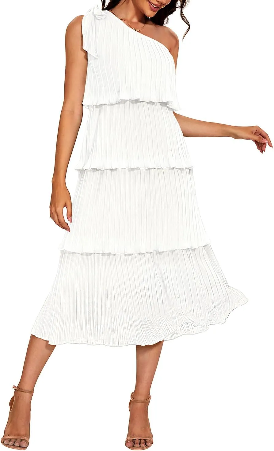 Pinup Fashion Women's 2024 Summer One Shoulder Sleeveless Dress Knot Pleated Ruffle Tiered Layered Chiffon Flowy Midi Dresses