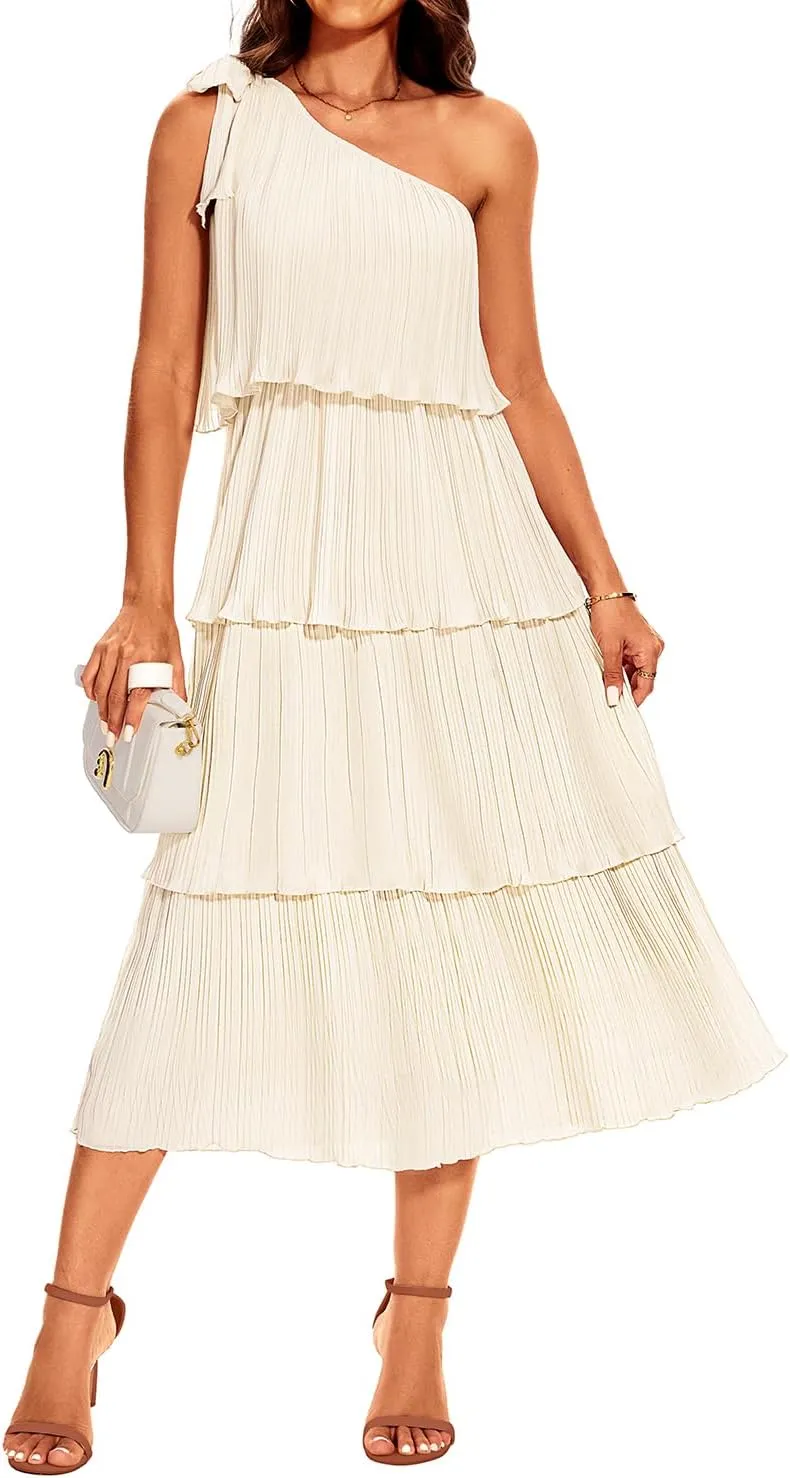 Pinup Fashion Women's 2024 Summer One Shoulder Sleeveless Dress Knot Pleated Ruffle Tiered Layered Chiffon Flowy Midi Dresses