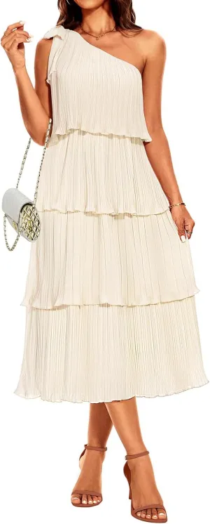 Pinup Fashion Women's 2024 Summer One Shoulder Sleeveless Dress Knot Pleated Ruffle Tiered Layered Chiffon Flowy Midi Dresses