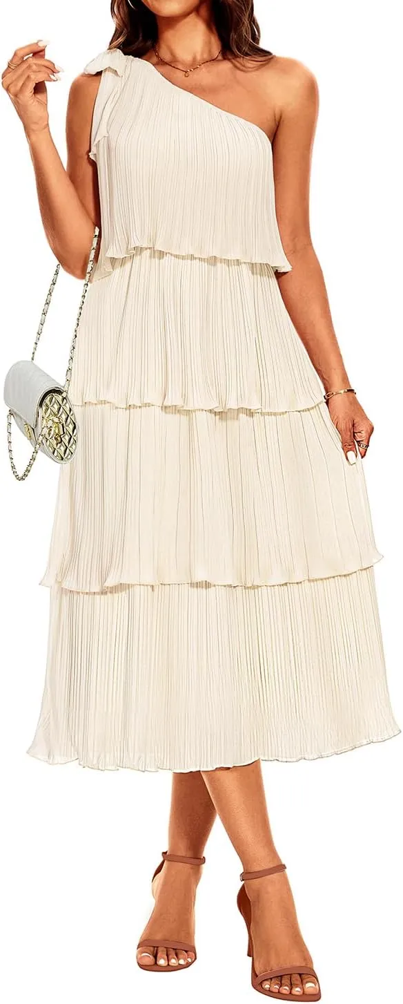 Pinup Fashion Women's 2024 Summer One Shoulder Sleeveless Dress Knot Pleated Ruffle Tiered Layered Chiffon Flowy Midi Dresses