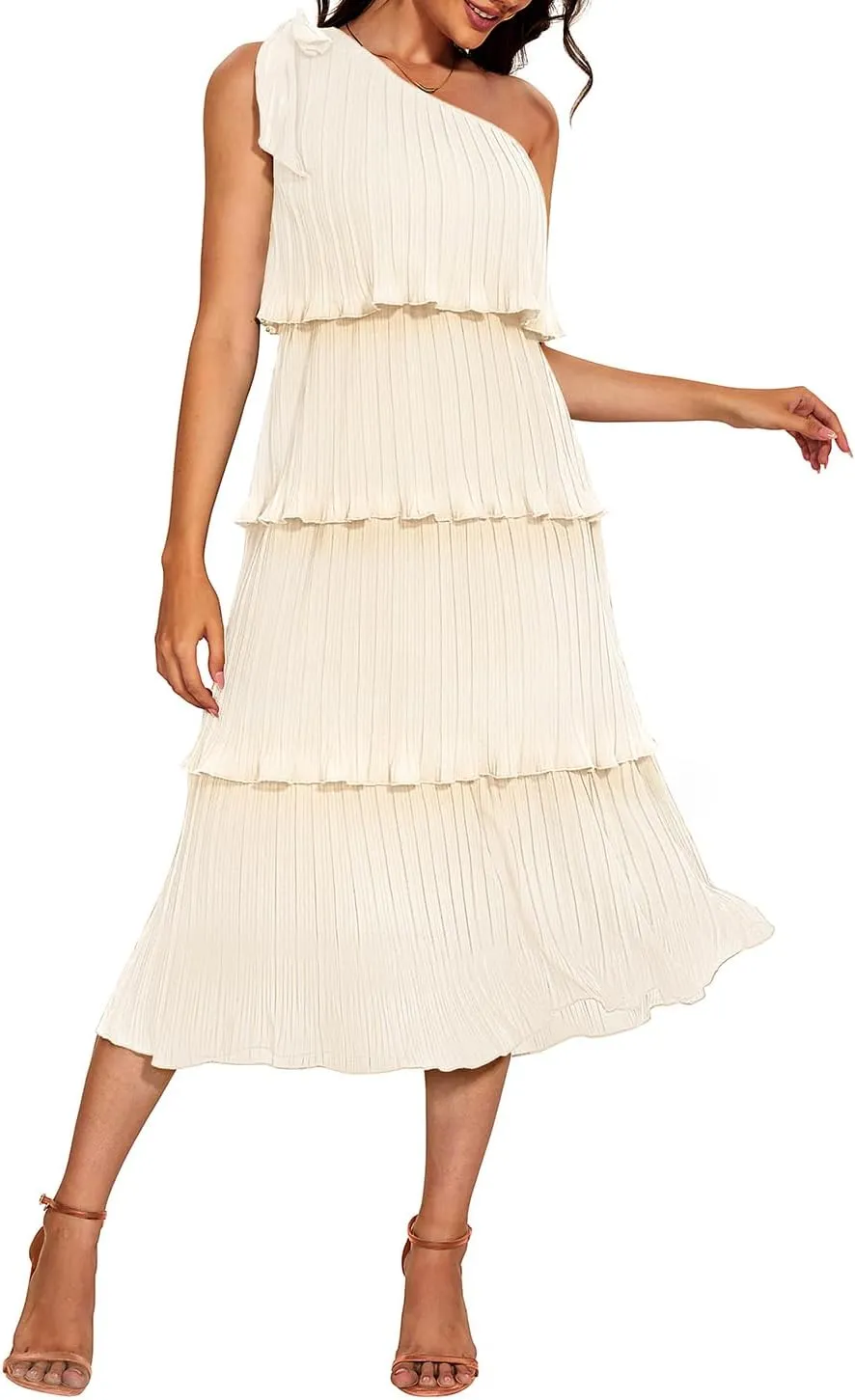 Pinup Fashion Women's 2024 Summer One Shoulder Sleeveless Dress Knot Pleated Ruffle Tiered Layered Chiffon Flowy Midi Dresses