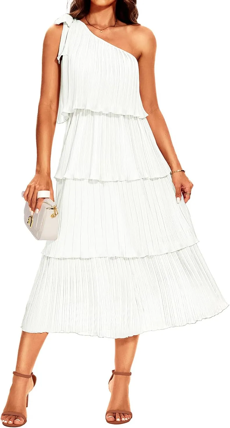 Pinup Fashion Women's 2024 Summer One Shoulder Sleeveless Dress Knot Pleated Ruffle Tiered Layered Chiffon Flowy Midi Dresses