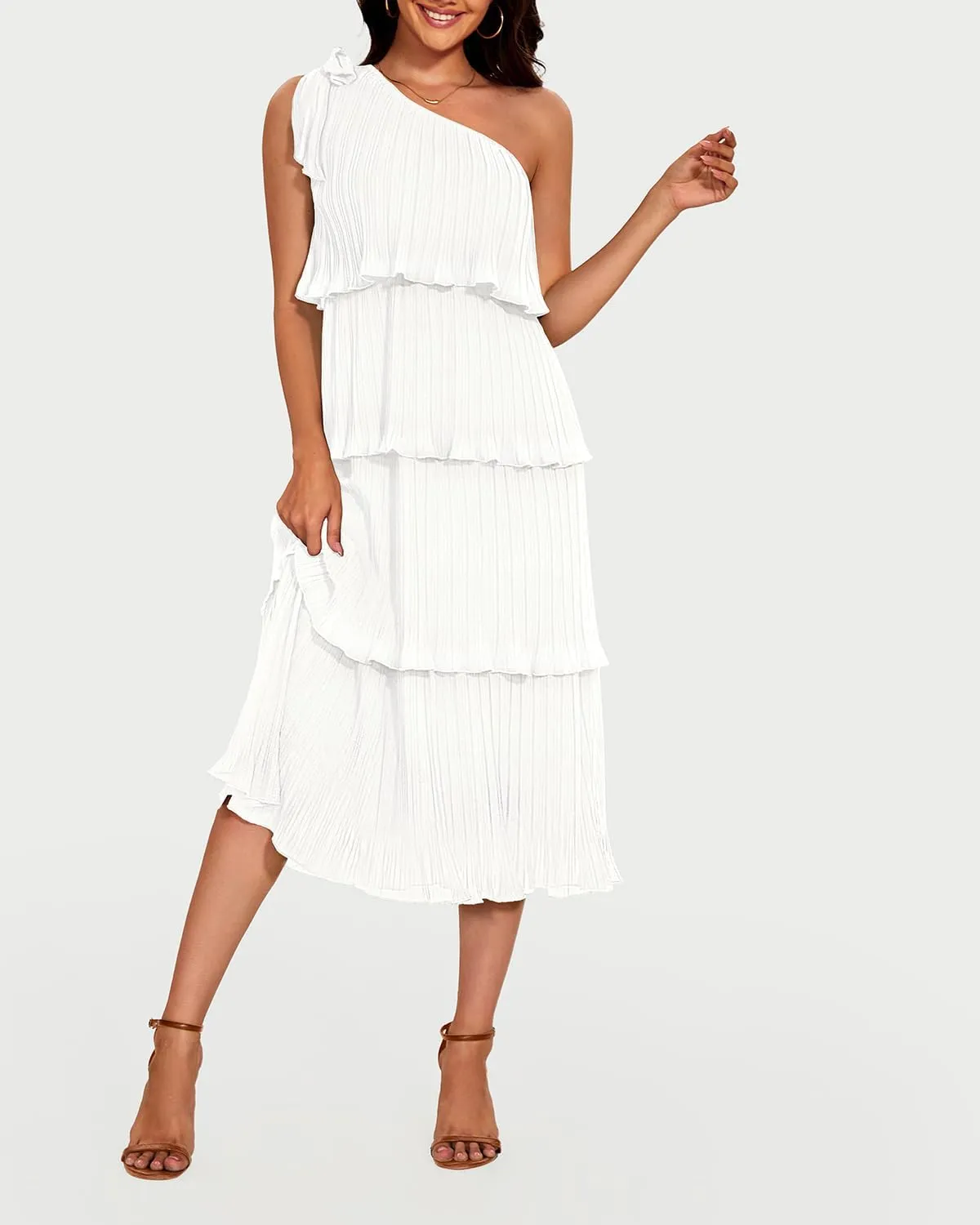 Pinup Fashion Women's 2024 Summer One Shoulder Sleeveless Dress Knot Pleated Ruffle Tiered Layered Chiffon Flowy Midi Dresses