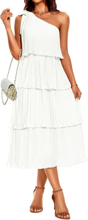 Pinup Fashion Women's 2024 Summer One Shoulder Sleeveless Dress Knot Pleated Ruffle Tiered Layered Chiffon Flowy Midi Dresses
