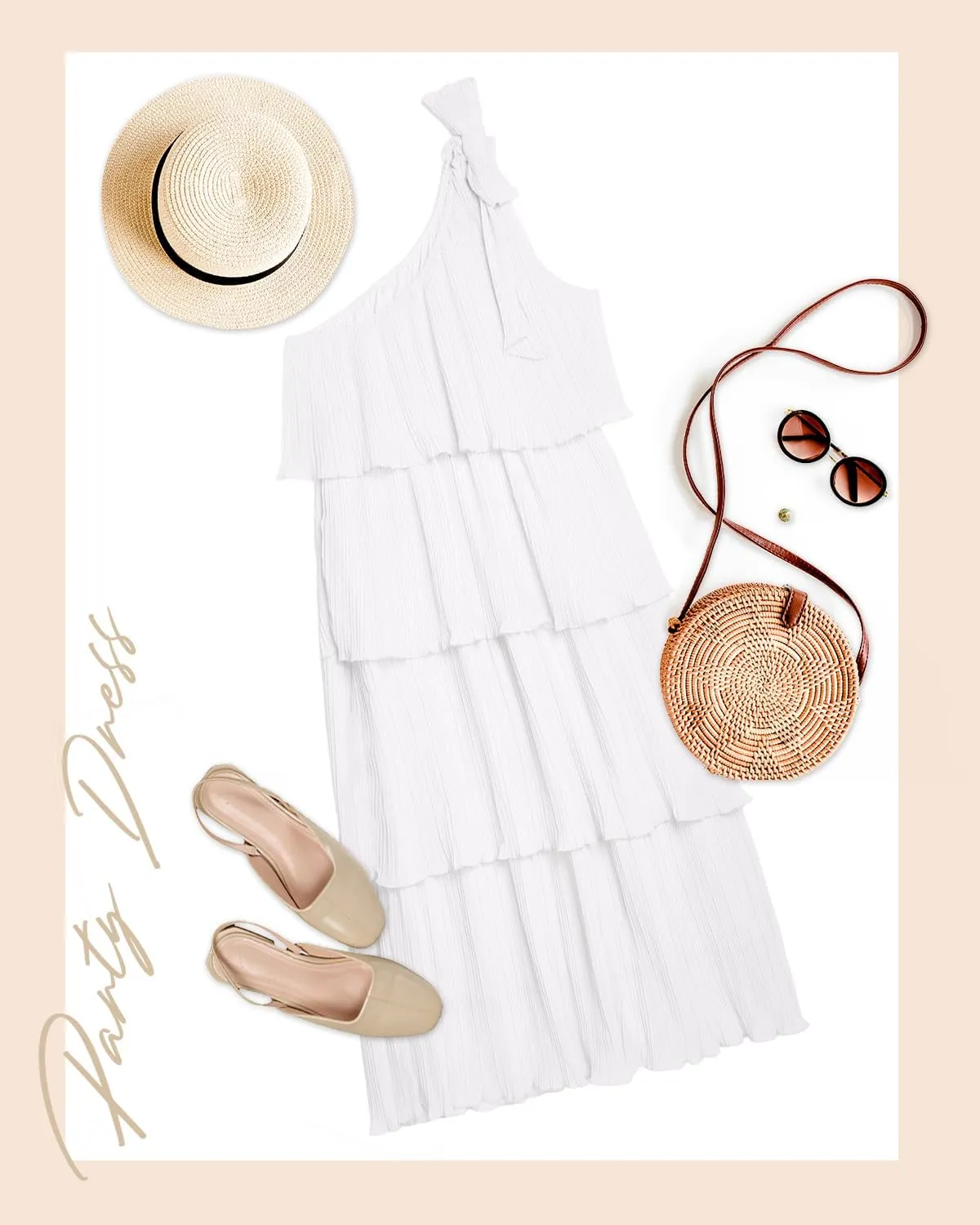 Pinup Fashion Women's 2024 Summer One Shoulder Sleeveless Dress Knot Pleated Ruffle Tiered Layered Chiffon Flowy Midi Dresses