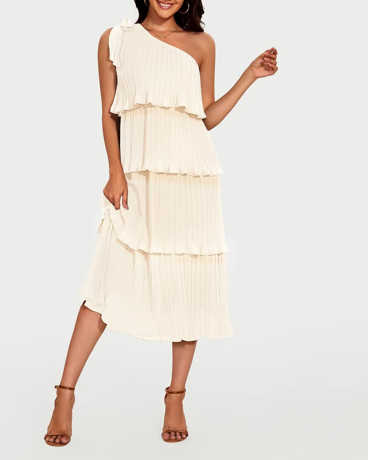 Pinup Fashion Women's 2024 Summer One Shoulder Sleeveless Dress Knot Pleated Ruffle Tiered Layered Chiffon Flowy Midi Dresses