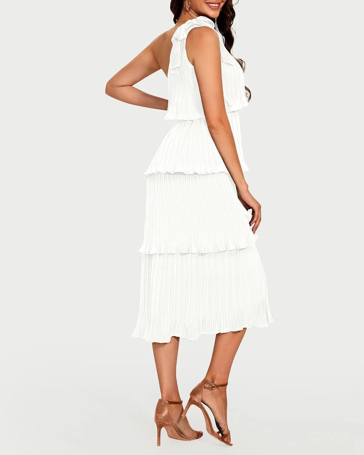 Pinup Fashion Women's 2024 Summer One Shoulder Sleeveless Dress Knot Pleated Ruffle Tiered Layered Chiffon Flowy Midi Dresses