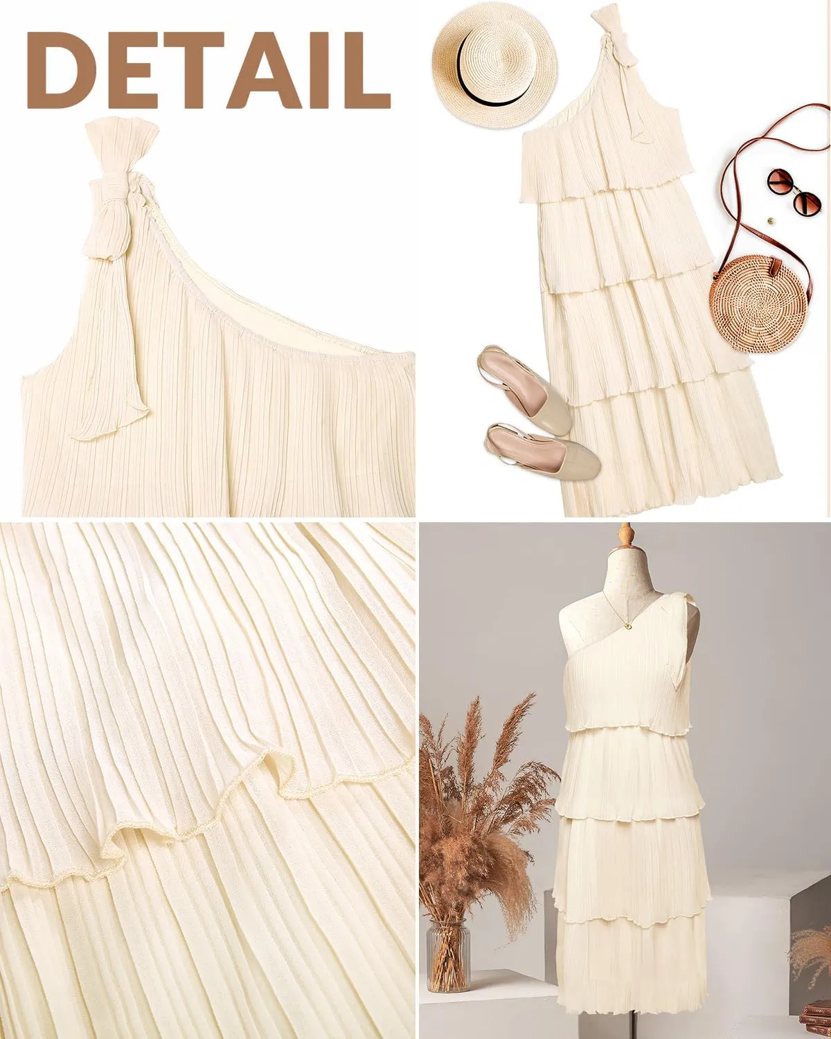 Pinup Fashion Women's 2024 Summer One Shoulder Sleeveless Dress Knot Pleated Ruffle Tiered Layered Chiffon Flowy Midi Dresses