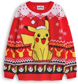 Pokemon Kids Christmas Jumper | Style Options Festive Holiday Pikachu Long Sleeve Knitted Warm Sweater for Children