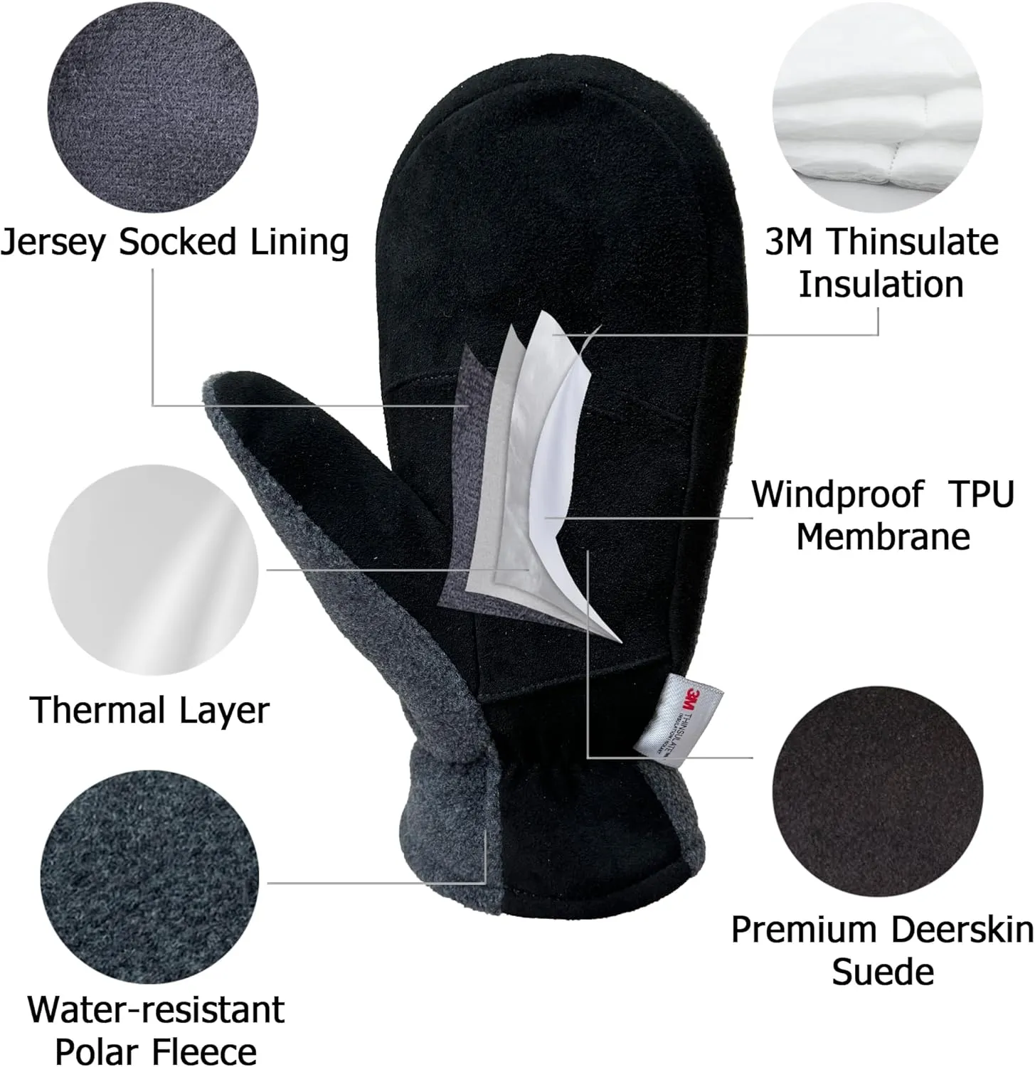 SKYDEER Upgraded Winter Mittens with Soft Deerskin Suede Leather & Thermal Polar Fleece & Warm C100G 3M Thinsulate Insulation