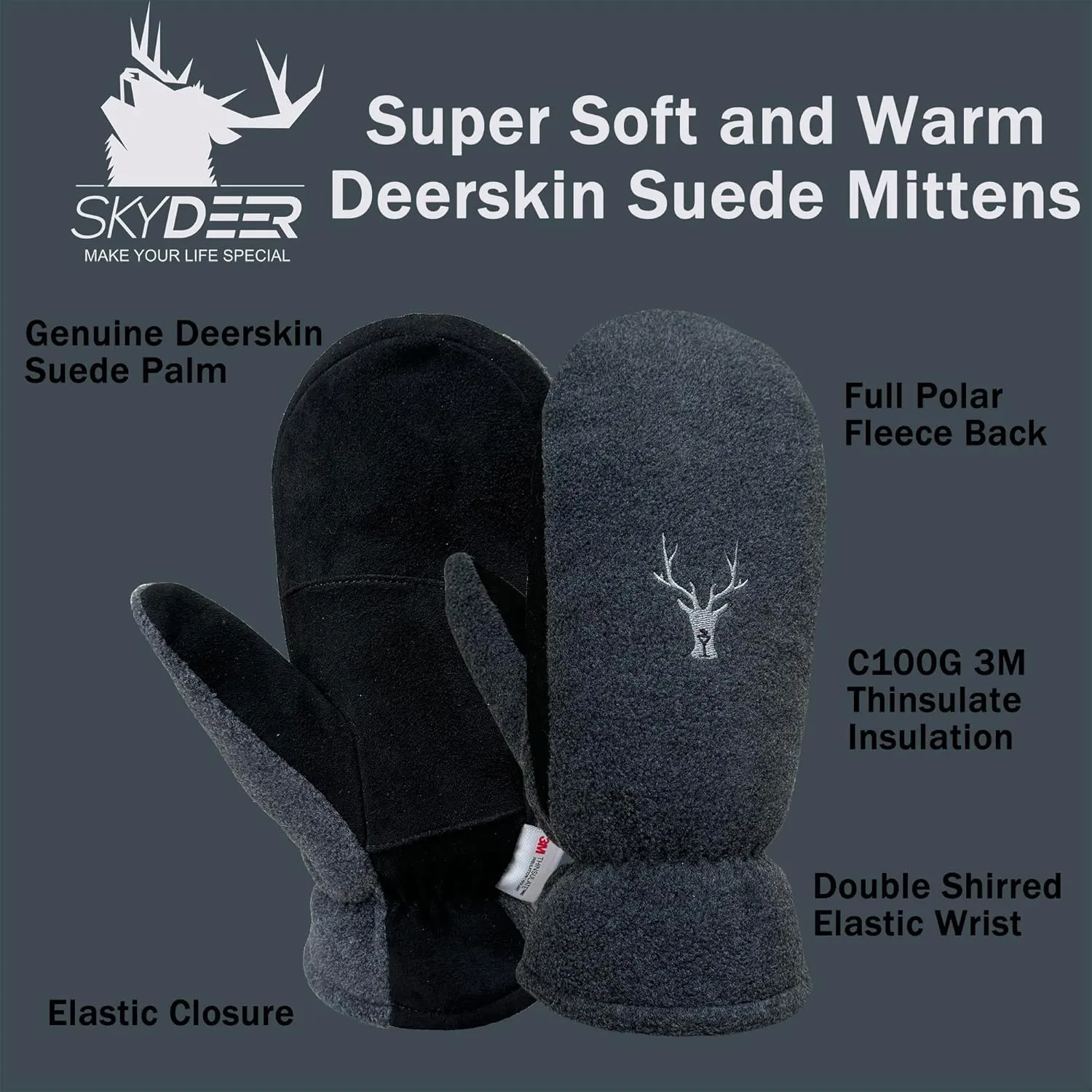 SKYDEER Upgraded Winter Mittens with Soft Deerskin Suede Leather & Thermal Polar Fleece & Warm C100G 3M Thinsulate Insulation