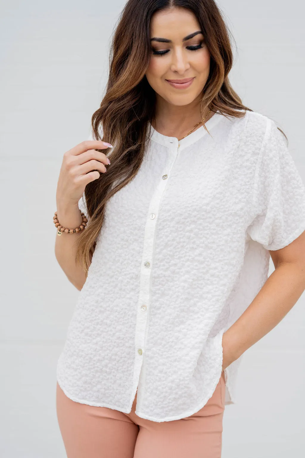 Subtle Raised Floral Button Up Blouse