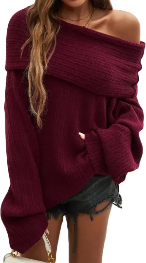 Tbahhir Off The Shoulder Oversized Sweaters for Women Batwing Long Sleeve Chunky Slouchy Cable Knitted Pullover Tops