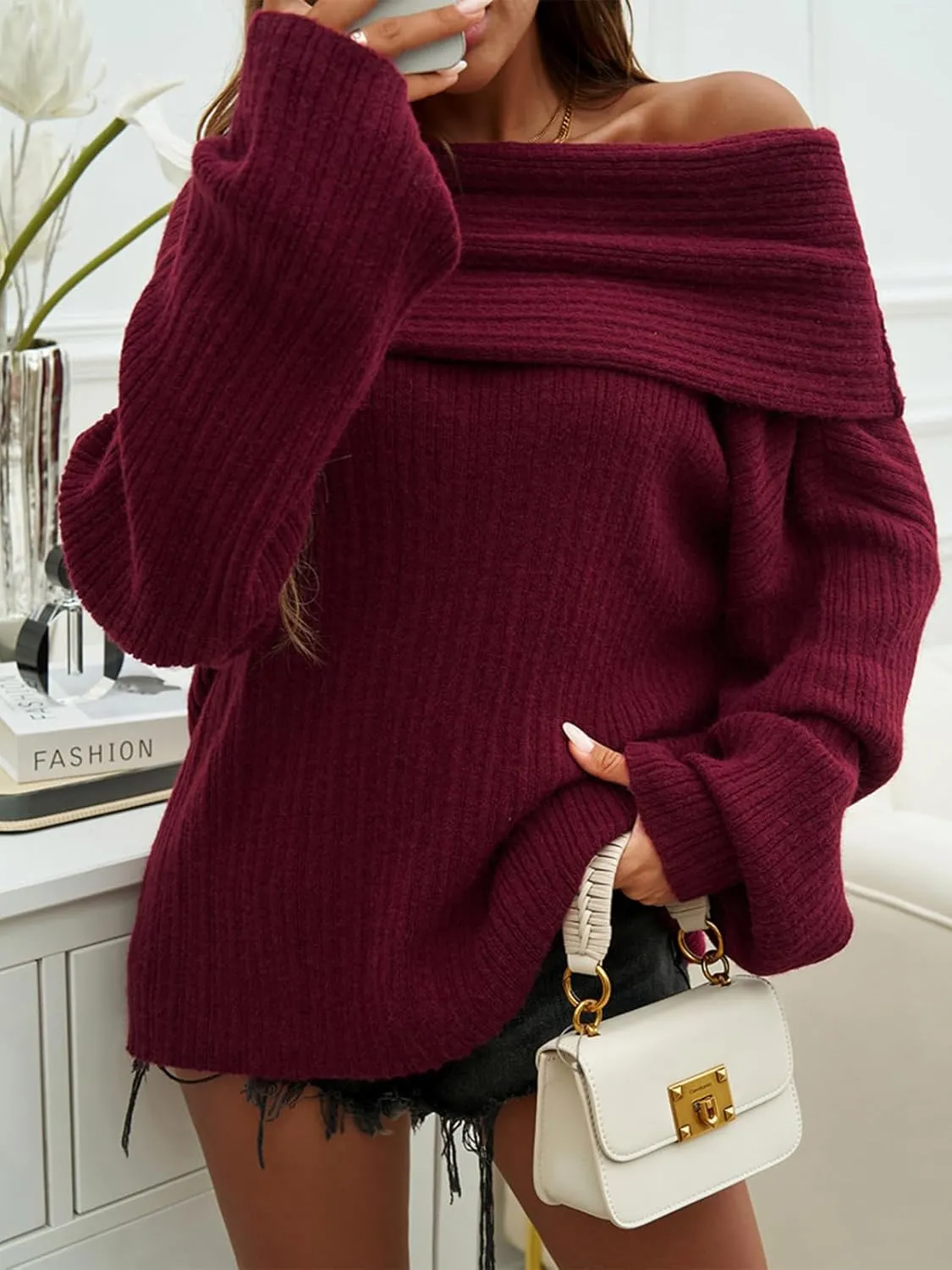 Tbahhir Off The Shoulder Oversized Sweaters for Women Batwing Long Sleeve Chunky Slouchy Cable Knitted Pullover Tops