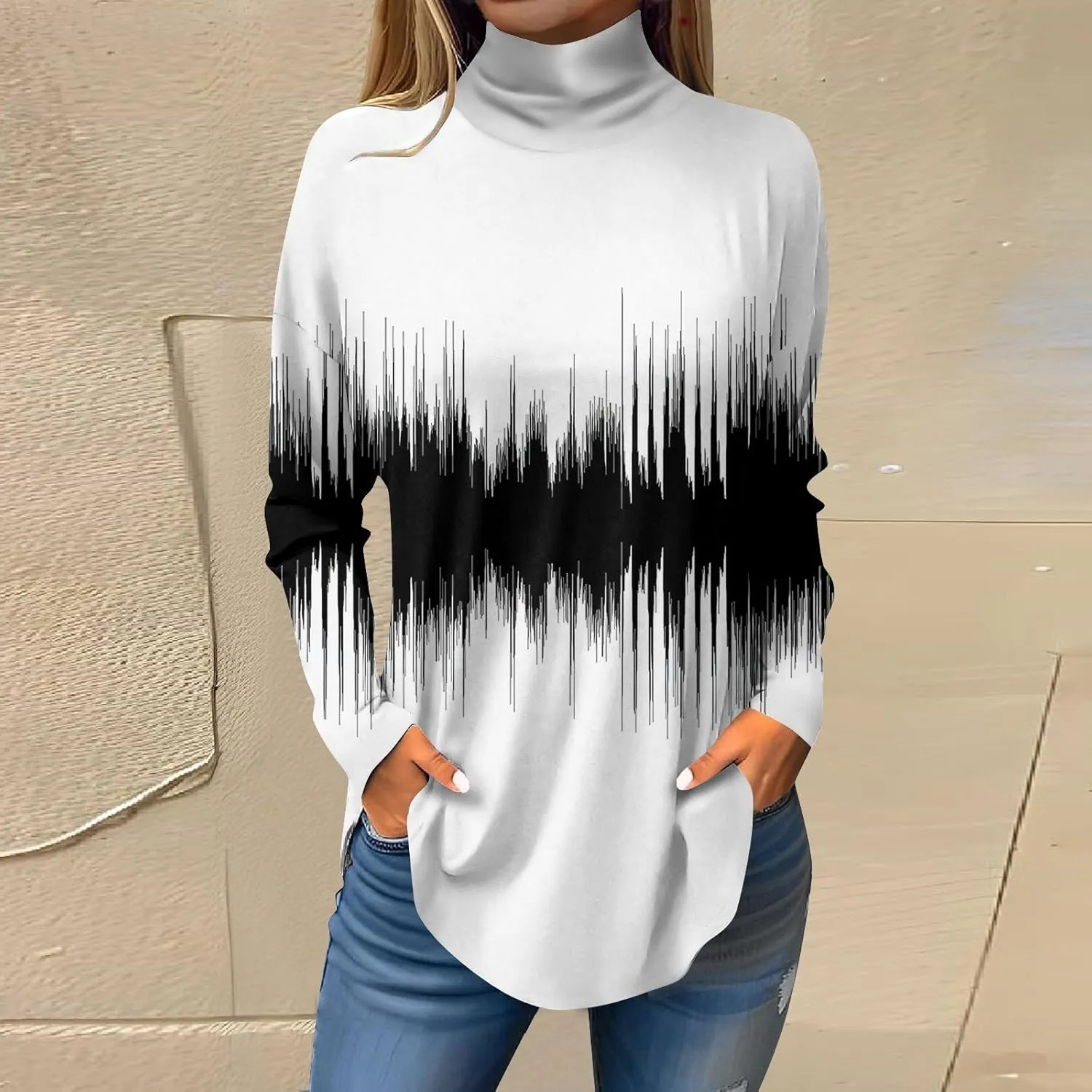 Tunic Tops for Women Loose Fit Fall Long Sleeve Shirts Mock Neck Work Tops Turtle Neck Side Split Floral Print Blouses