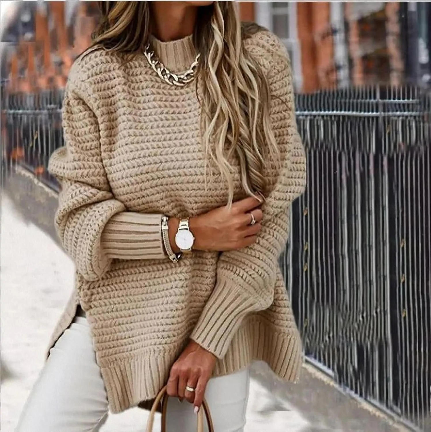 Women Solid Color Half Turtleneck Side Slit Chunky Knitted Pullover Sweater Twist Thread Lazy Style Long Lantern Sleeve