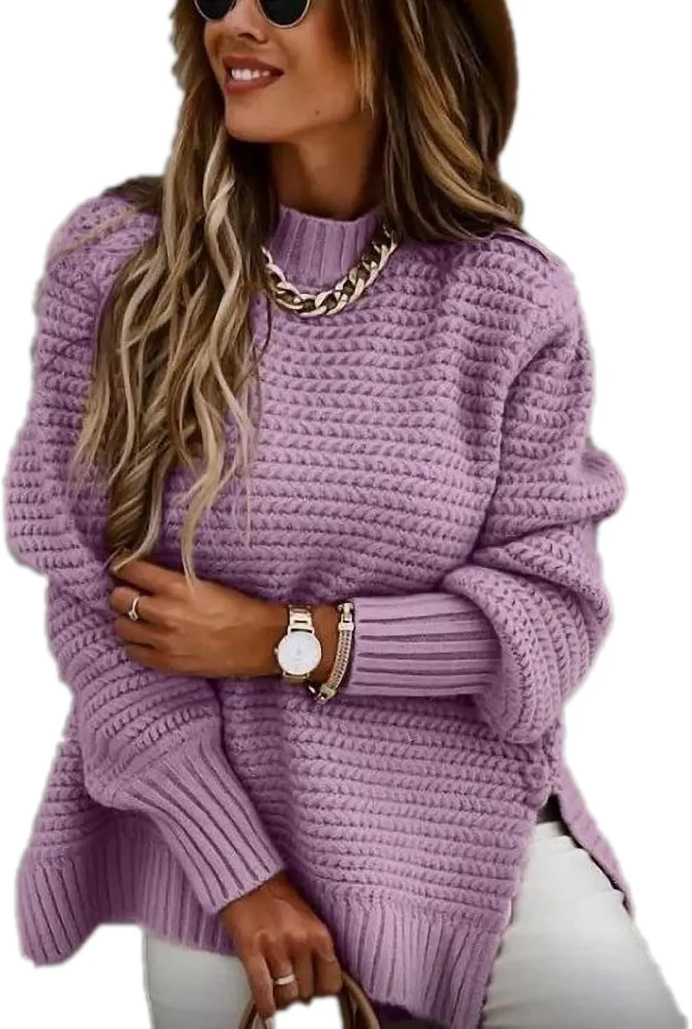 Women Solid Color Half Turtleneck Side Slit Chunky Knitted Pullover Sweater Twist Thread Lazy Style Long Lantern Sleeve