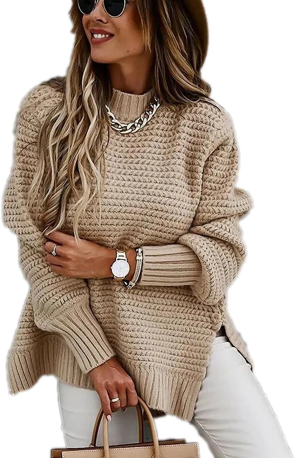 Women Solid Color Half Turtleneck Side Slit Chunky Knitted Pullover Sweater Twist Thread Lazy Style Long Lantern Sleeve