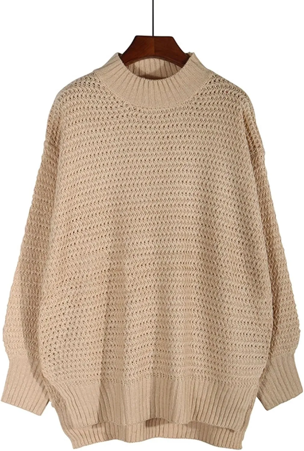 Women Solid Color Half Turtleneck Side Slit Chunky Knitted Pullover Sweater Twist Thread Lazy Style Long Lantern Sleeve