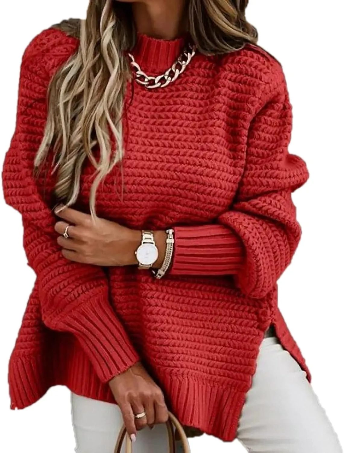 Women Solid Color Half Turtleneck Side Slit Chunky Knitted Pullover Sweater Twist Thread Lazy Style Long Lantern Sleeve