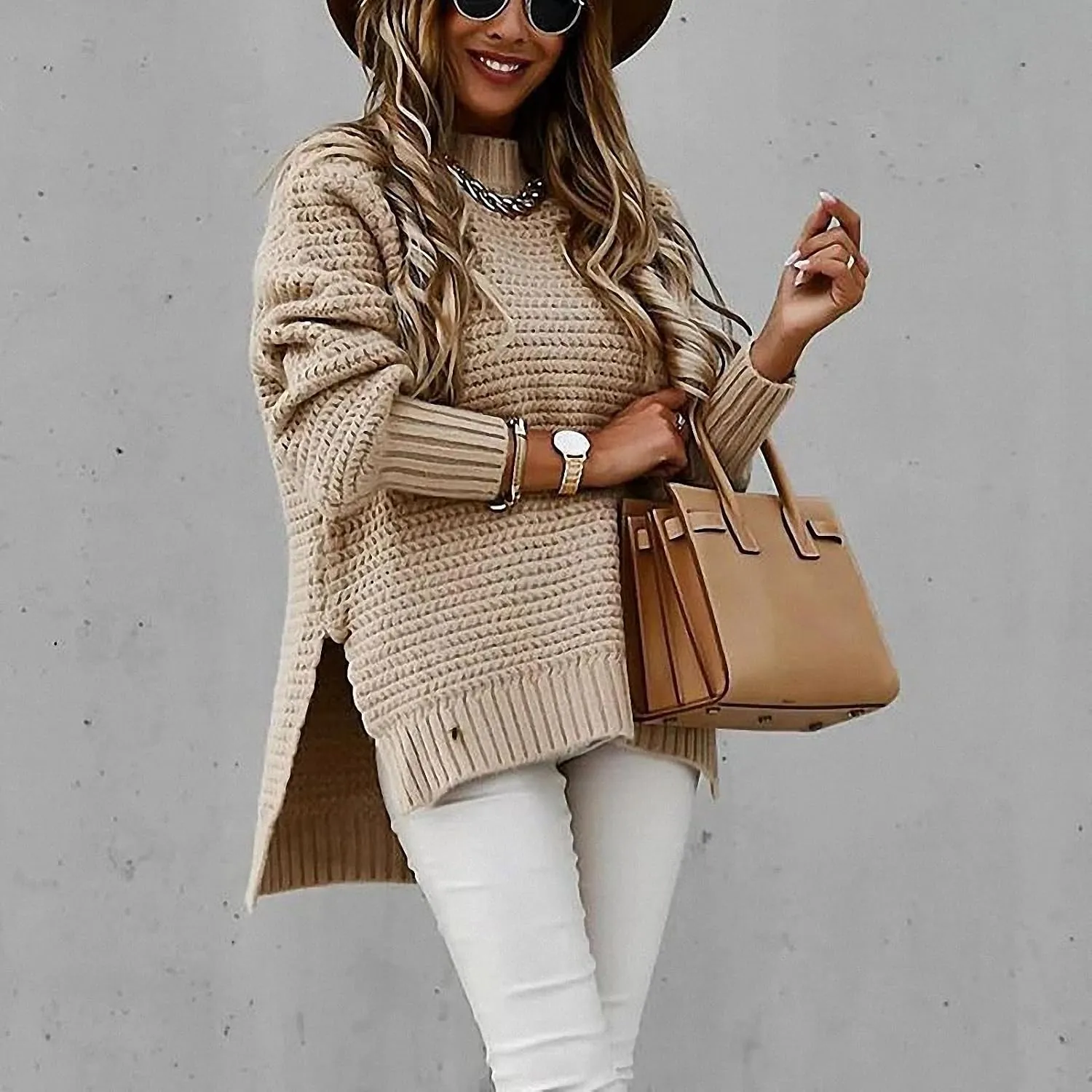 Women Solid Color Half Turtleneck Side Slit Chunky Knitted Pullover Sweater Twist Thread Lazy Style Long Lantern Sleeve