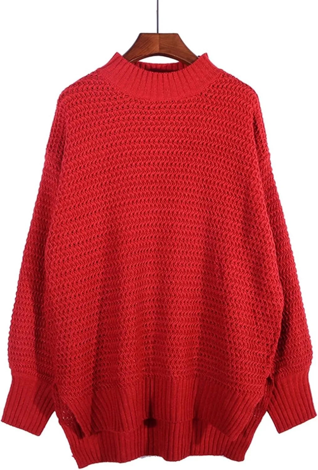 Women Solid Color Half Turtleneck Side Slit Chunky Knitted Pullover Sweater Twist Thread Lazy Style Long Lantern Sleeve