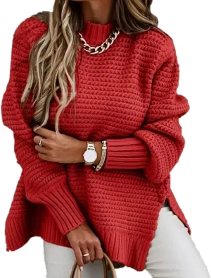 Women Solid Color Half Turtleneck Side Slit Chunky Knitted Pullover Sweater Twist Thread Lazy Style Long Lantern Sleeve