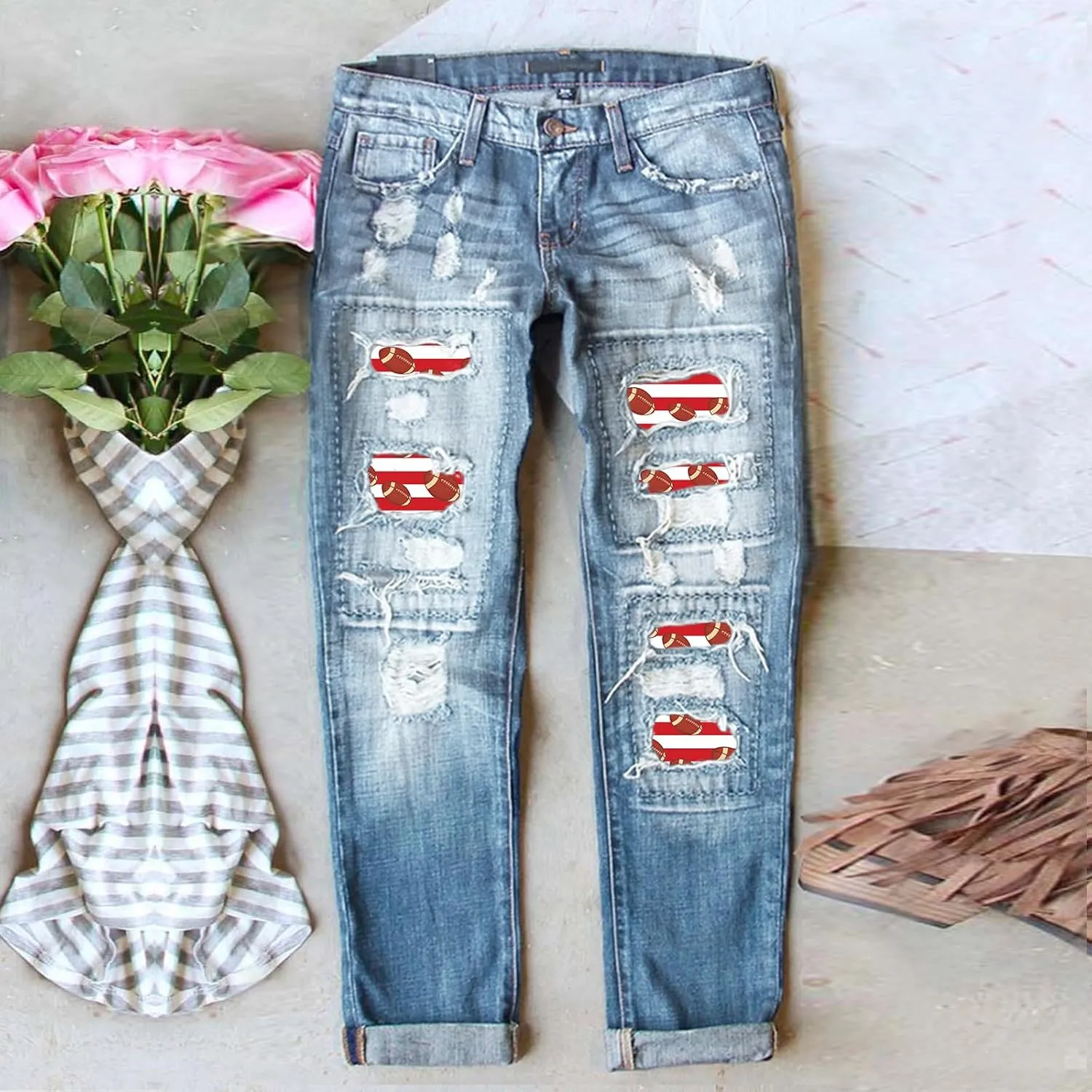 Womens Plaid Patch Raw Finish Football Print Straight Leg Denim Pants S-5XL