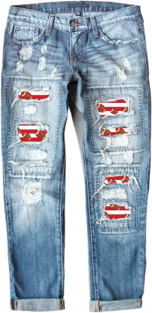 Womens Plaid Patch Raw Finish Football Print Straight Leg Denim Pants S-5XL