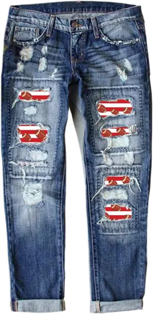 Womens Plaid Patch Raw Finish Football Print Straight Leg Denim Pants S-5XL