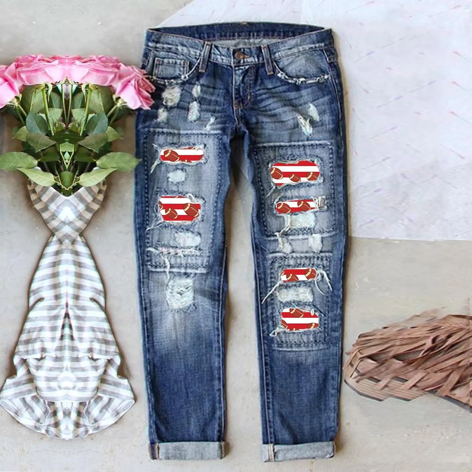 Womens Plaid Patch Raw Finish Football Print Straight Leg Denim Pants S-5XL
