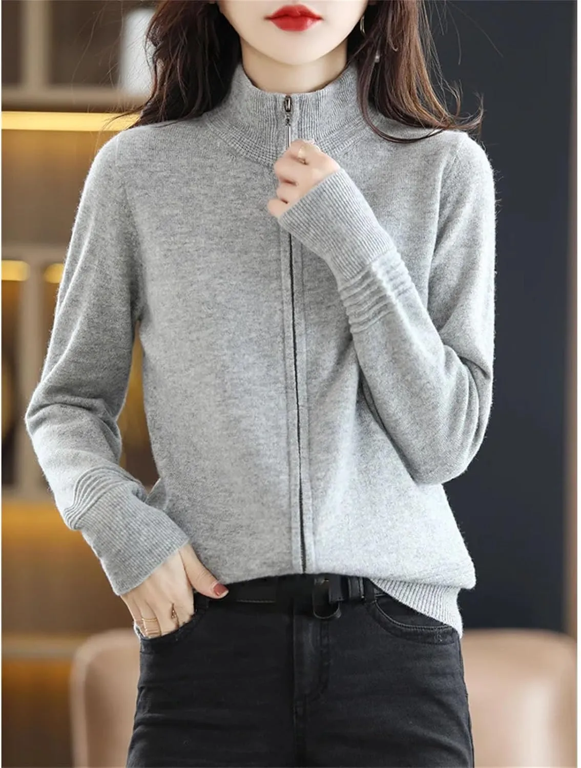Wool Cardigan Cashmere Sweater Women Zipper Stand Collar Knitted Tops Simple Zippered Knitted Sweater Jacket