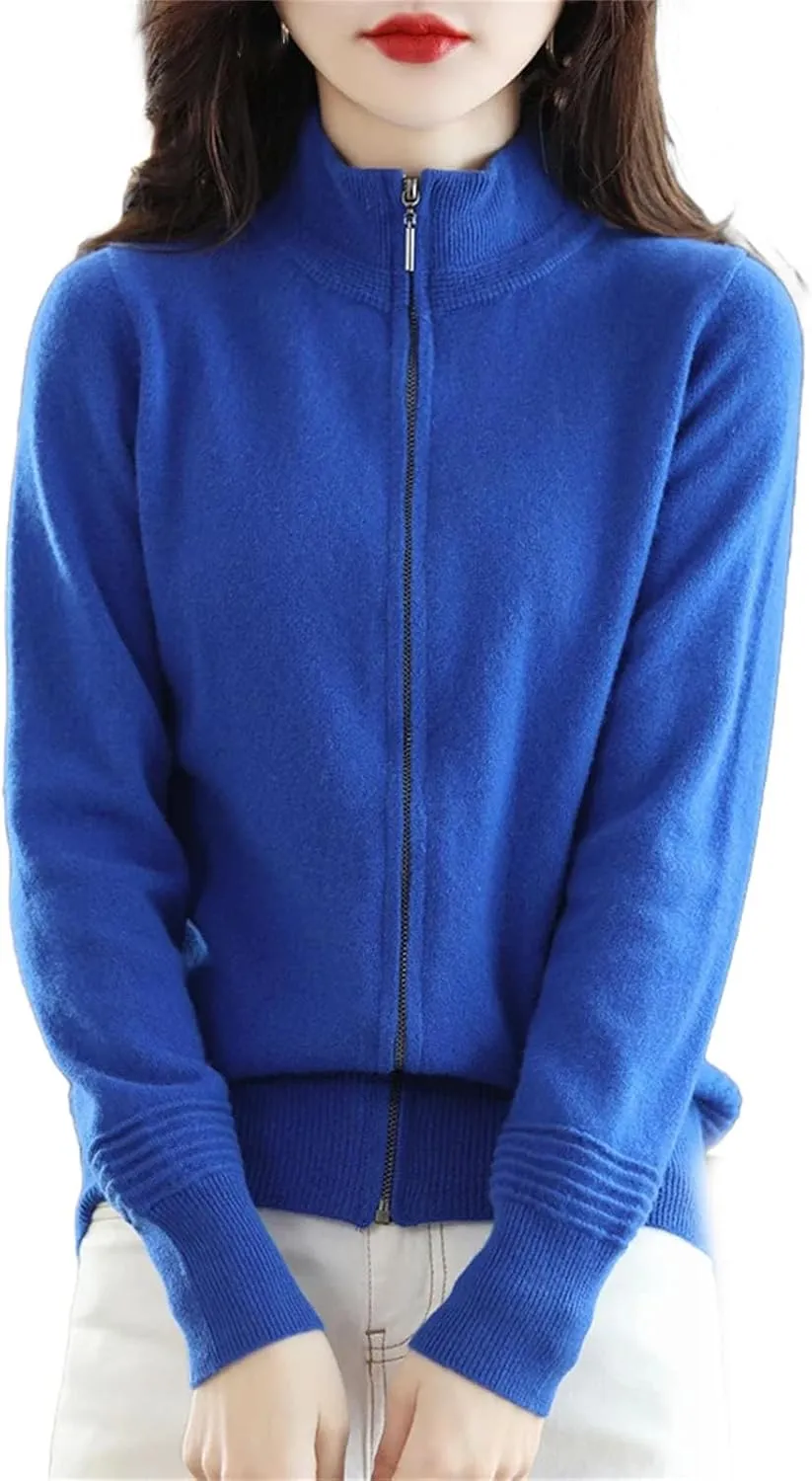 Wool Cardigan Cashmere Sweater Women Zipper Stand Collar Knitted Tops Simple Zippered Knitted Sweater Jacket