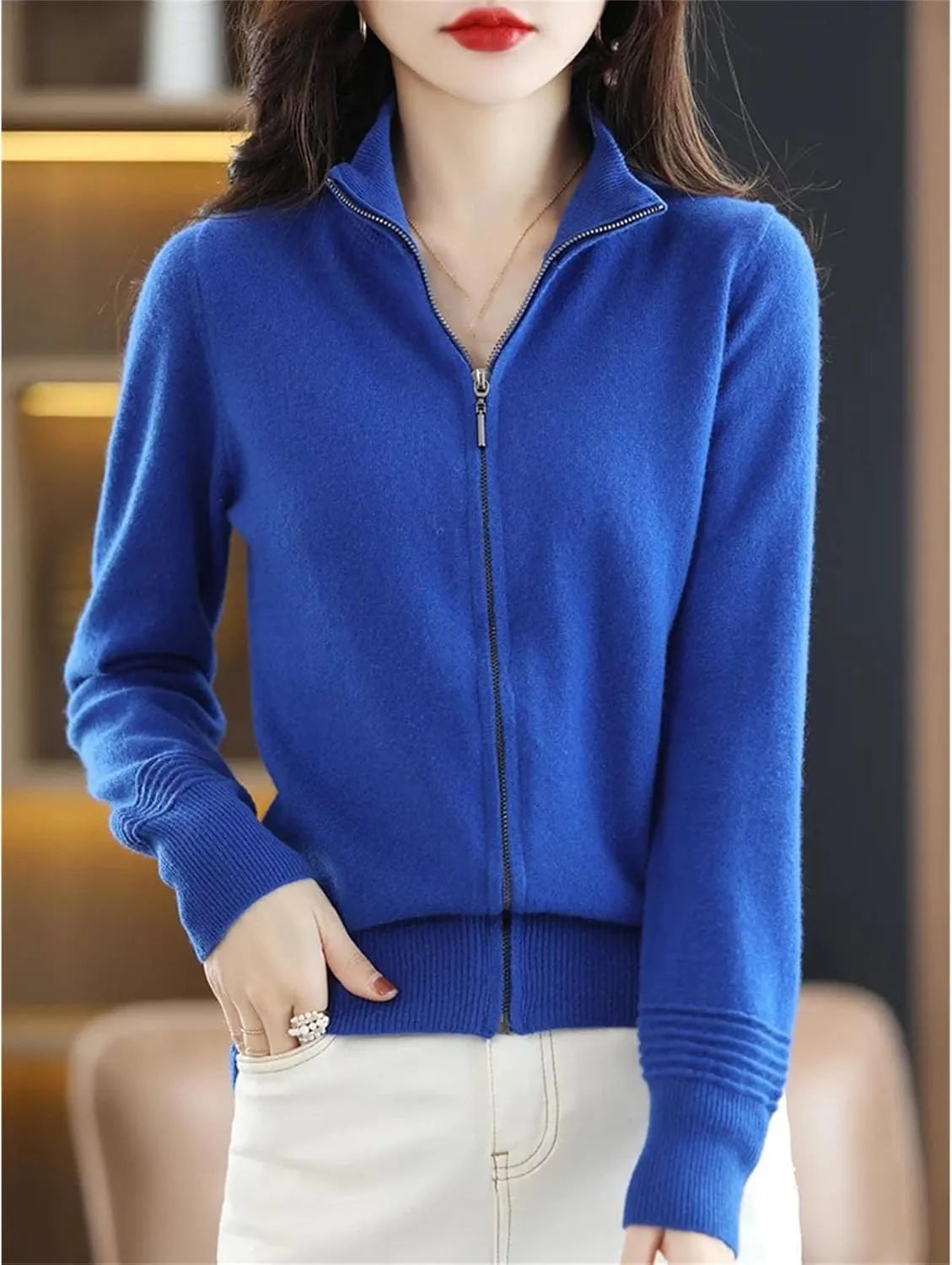 Wool Cardigan Cashmere Sweater Women Zipper Stand Collar Knitted Tops Simple Zippered Knitted Sweater Jacket