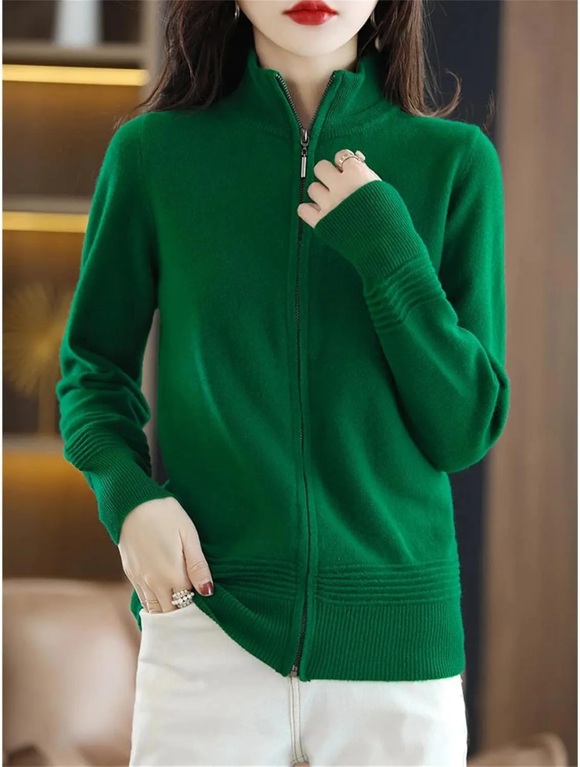 Wool Cardigan Cashmere Sweater Women Zipper Stand Collar Knitted Tops Simple Zippered Knitted Sweater Jacket