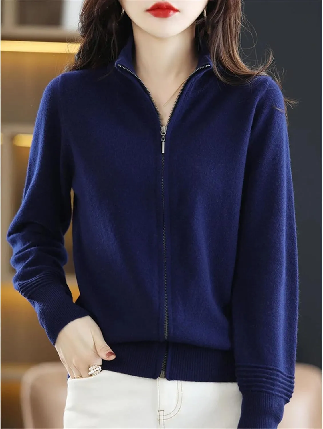 Wool Cardigan Cashmere Sweater Women Zipper Stand Collar Knitted Tops Simple Zippered Knitted Sweater Jacket