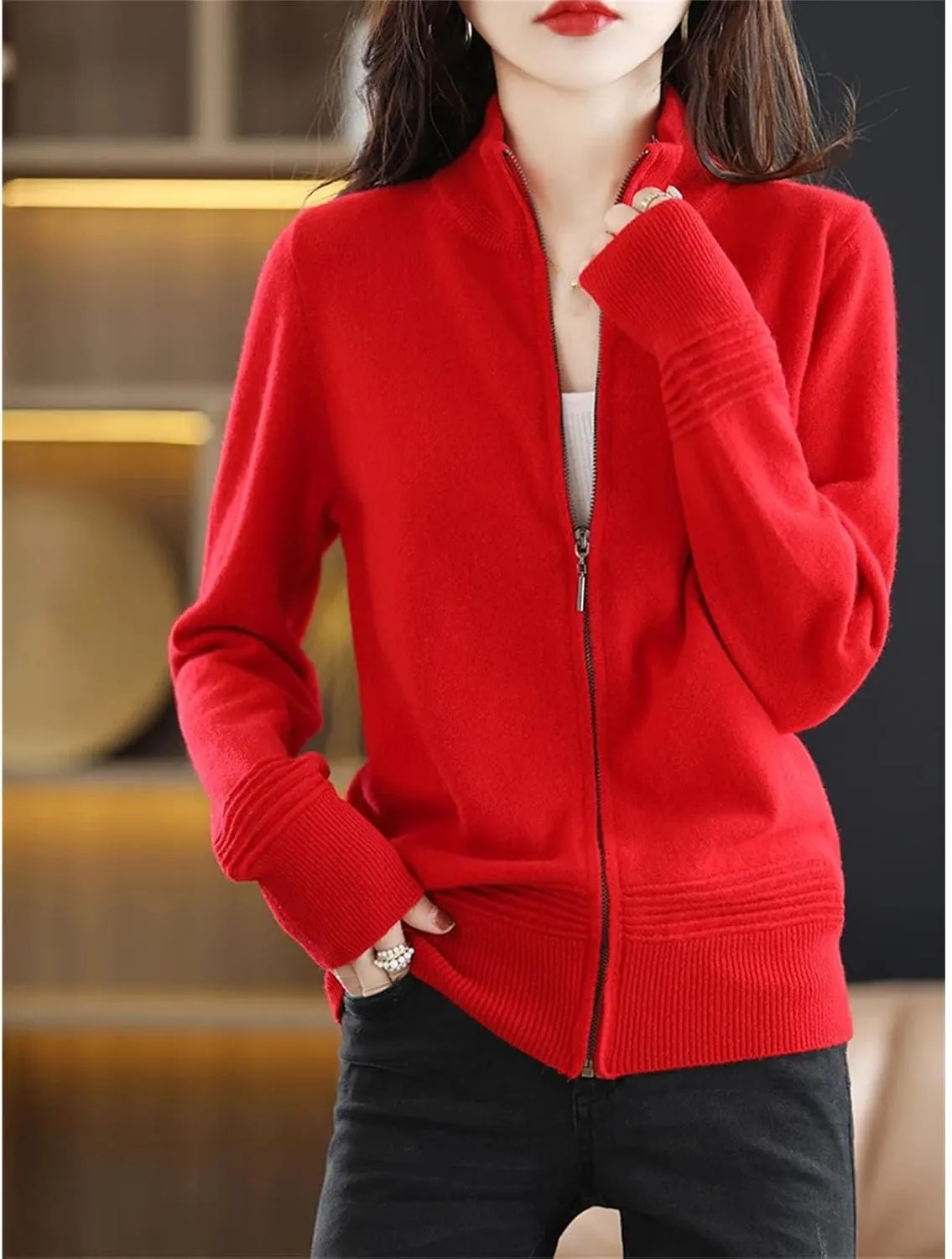 Wool Cardigan Cashmere Sweater Women Zipper Stand Collar Knitted Tops Simple Zippered Knitted Sweater Jacket