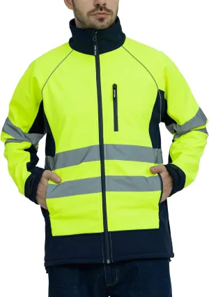 WORK IDEA Men's Safety Jacket High Visibility Reflective Softshell Jacket Hi-Vis Waterproof and Windbreaker with Fleece Lined