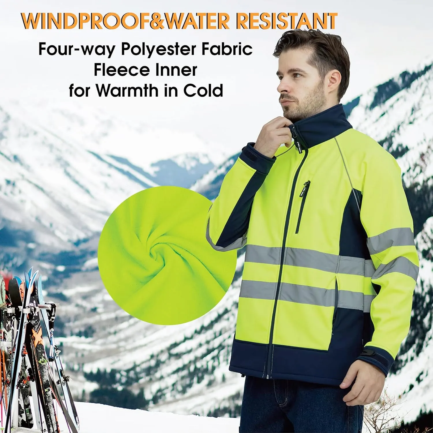 WORK IDEA Men's Safety Jacket High Visibility Reflective Softshell Jacket Hi-Vis Waterproof and Windbreaker with Fleece Lined
