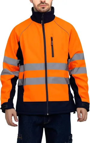 WORK IDEA Men's Safety Jacket High Visibility Reflective Softshell Jacket Hi-Vis Waterproof and Windbreaker with Fleece Lined