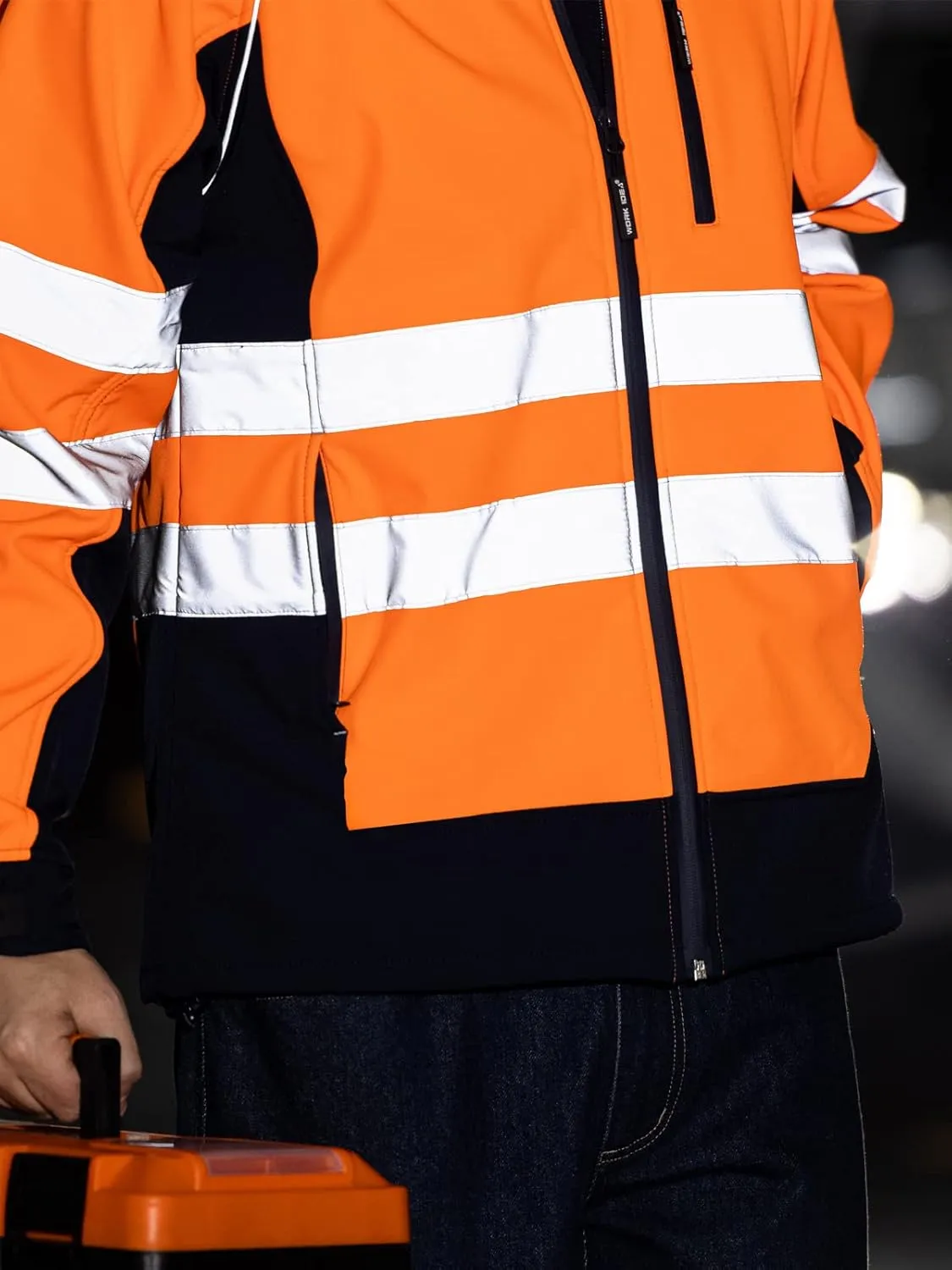 WORK IDEA Men's Safety Jacket High Visibility Reflective Softshell Jacket Hi-Vis Waterproof and Windbreaker with Fleece Lined