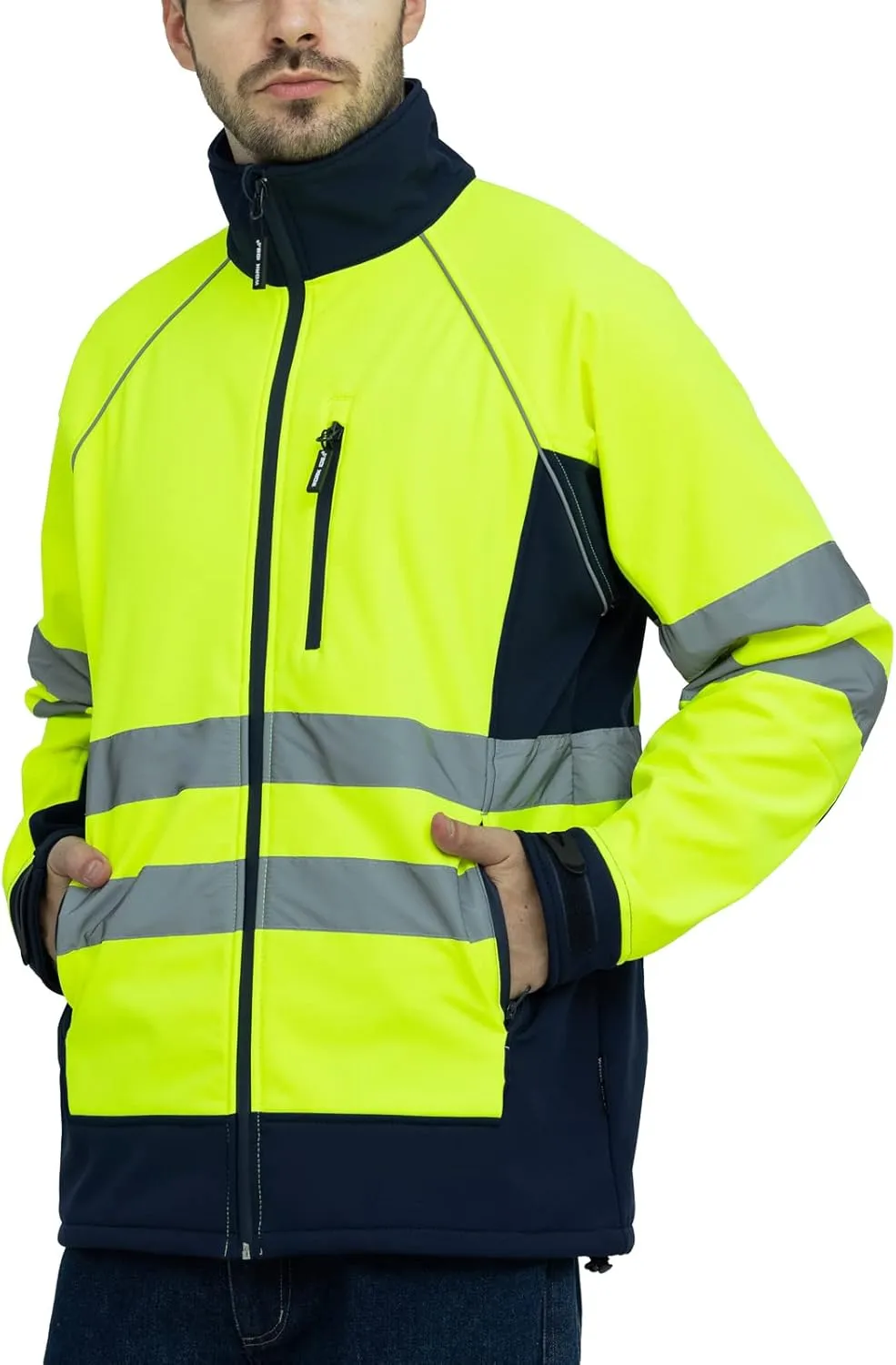 WORK IDEA Men's Safety Jacket High Visibility Reflective Softshell Jacket Hi-Vis Waterproof and Windbreaker with Fleece Lined