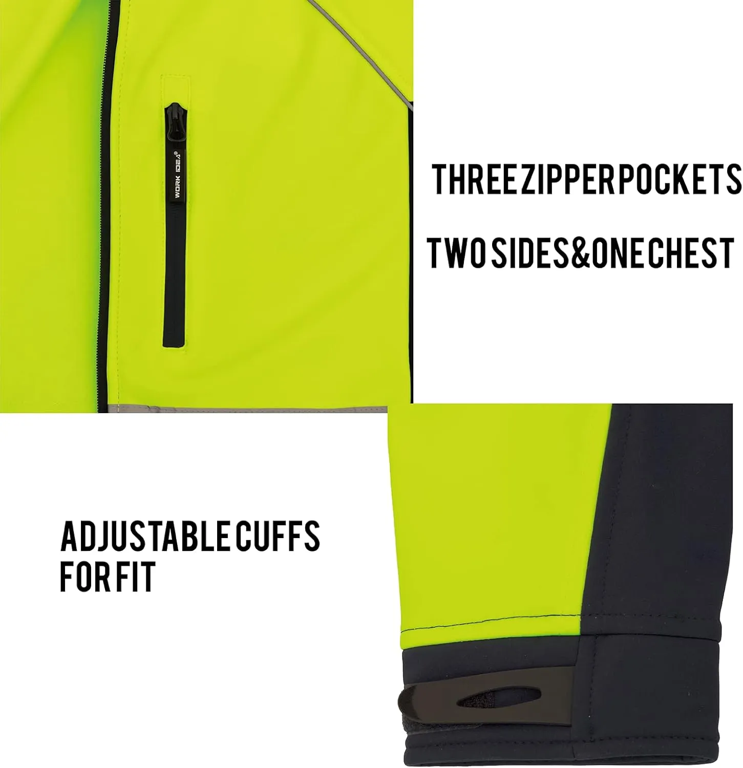 WORK IDEA Men's Safety Jacket High Visibility Reflective Softshell Jacket Hi-Vis Waterproof and Windbreaker with Fleece Lined